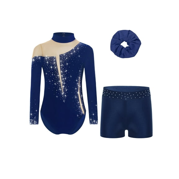 iiniim Little Girls Dance Unitards Biketards with Scrunchie 3Pcs Gymnastic Tracksuit Ballet Leotard A Navy Blue 8