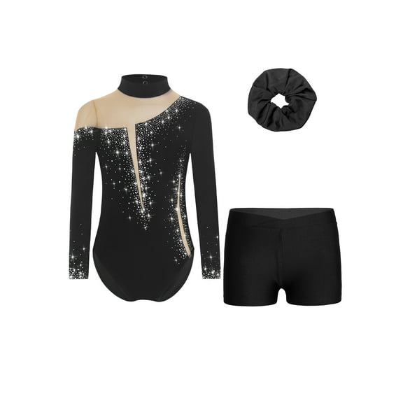 iiniim Little Girls Dance Unitards Biketards with Scrunchie 3Pcs Gymnastic Tracksuit Ballet Leotard B Black 8