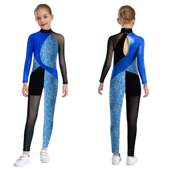 iiniim Little Girls One Piece Stretchy Bodysuit Long Sleeve Full Body Gymnastics Leotards Skating Romper Blue 8