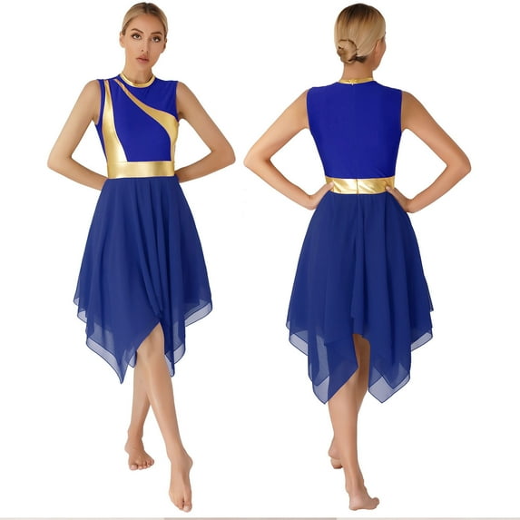 iiniim Liturgical Praise Dance Dress for Women Sleeveless Metallic Gold Color Block Lyrical Dancewear Royal Blue M