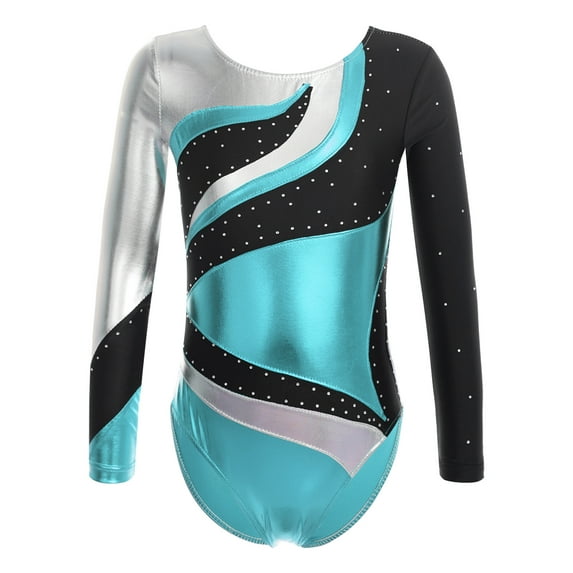 iiniim Long Sleeve Gymnastics Leotards for Girls Color Block Dance Outfit Kids Athletic Jumpsuit Size 6-16 Blue 10