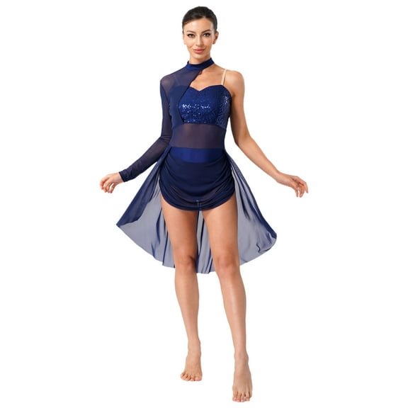 iiniim Lyrical Costumes for Women Chiffon Ballet Dance Dress Modern Contemporary Leotard Skirted Navy Blue XXL