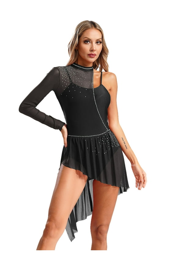Lyrical Dance Costume One Shoulder Modern Contemporary Dress Dancewear for Women Girls Black S