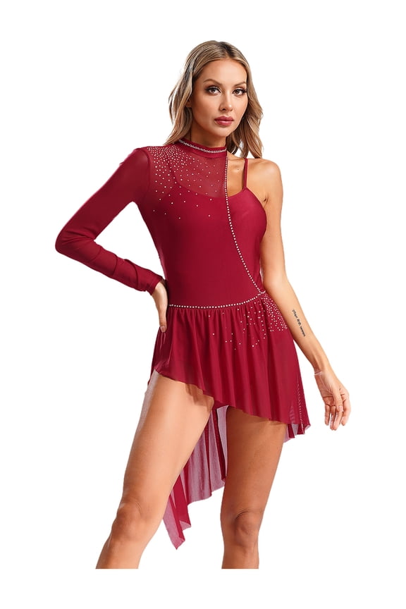 Lyrical Dance Costume One Shoulder Modern Contemporary Dress Dancewear for Women Girls Burgundy XL