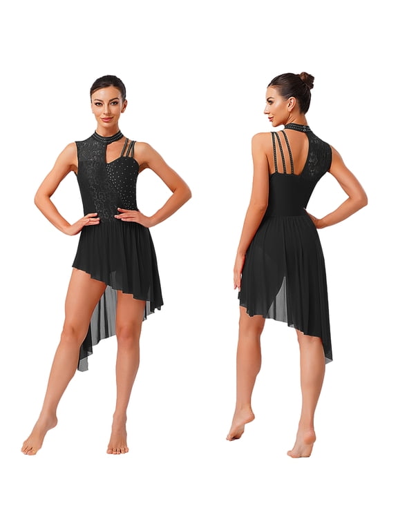 Lyrical Dance Dress for Women Irregular Flowy Tulle Skirt Leotard Contemporary Dancewear Black L