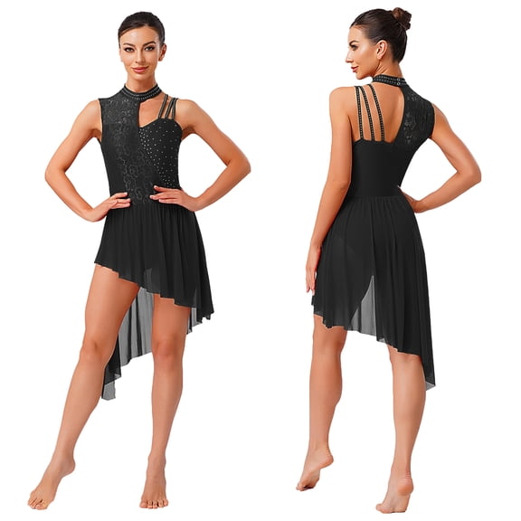 iiniim Lyrical Dance Dress for Women Irregular Flowy Tulle Skirt Leotard Contemporary Dancewear Black L