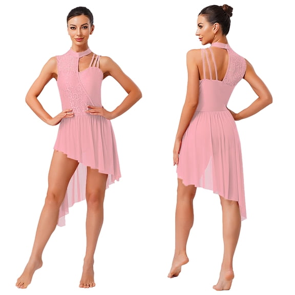 iiniim Lyrical Dance Dress for Women Irregular Flowy Tulle Skirt Leotard Contemporary Dancewear Pink XL