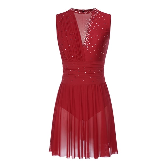 iiniim Lyrical Dance Dress for Women Rhinestone Figure Skating Sleeveless Ballet Dancewear Burgundy L