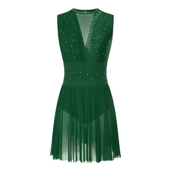 iiniim Lyrical Dance Dress for Women Rhinestone Figure Skating Sleeveless Ballet Dancewear Green M