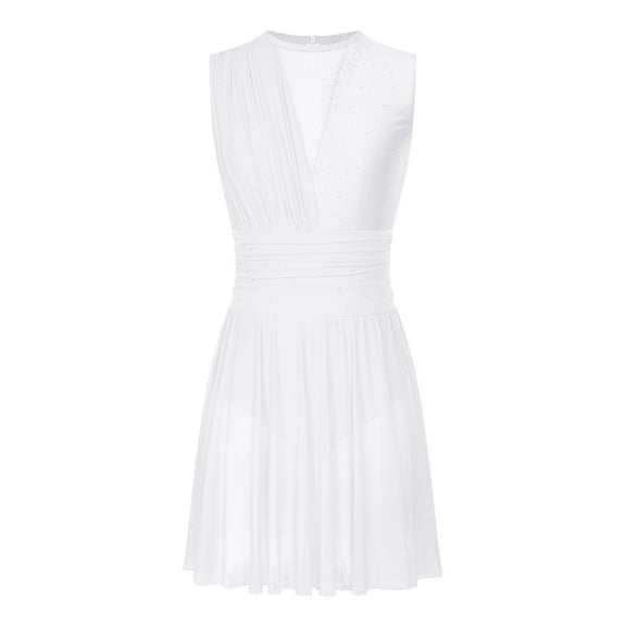 iiniim Lyrical Dance Dress for Women Rhinestone Figure Skating Sleeveless Ballet Dancewear White S