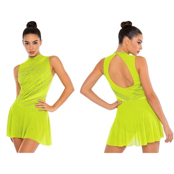 iiniim Lyrical Dance for Women Rhinestone Figure Skating Dresses Sleeveless Ballet Dancewear Fluorescent Yellow L