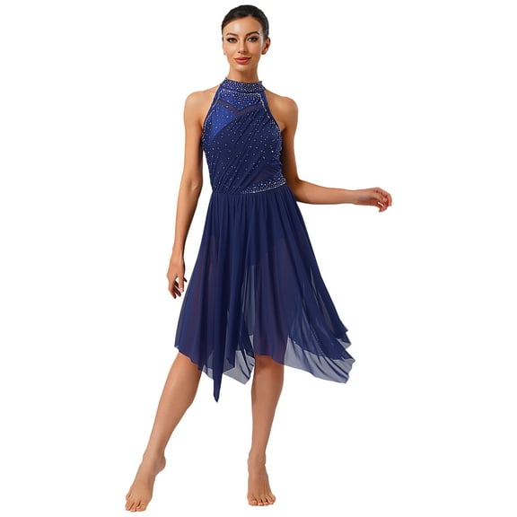 iiniim Lyrical Dance for Women Rhinestone Ruffled Ballet Leotard Dress Modern Contemporary Dancewear Navy Blue L