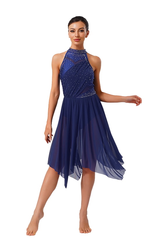 Lyrical Dance for Women Rhinestone Ruffled Ballet Leotard Dress Modern Contemporary Dancewear Navy Blue S