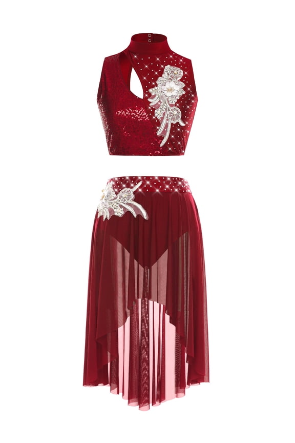 Lyrical Dance for Women Sequin Crop Top Mesh Tulle Leotard Skirt Modern Contemporary Dancewear Burgundy M