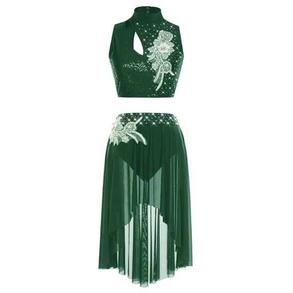 iiniim Lyrical Dance for Women Sequin Crop Top Mesh Tulle Leotard Skirt Modern Contemporary Dancewear Dark Green XXL