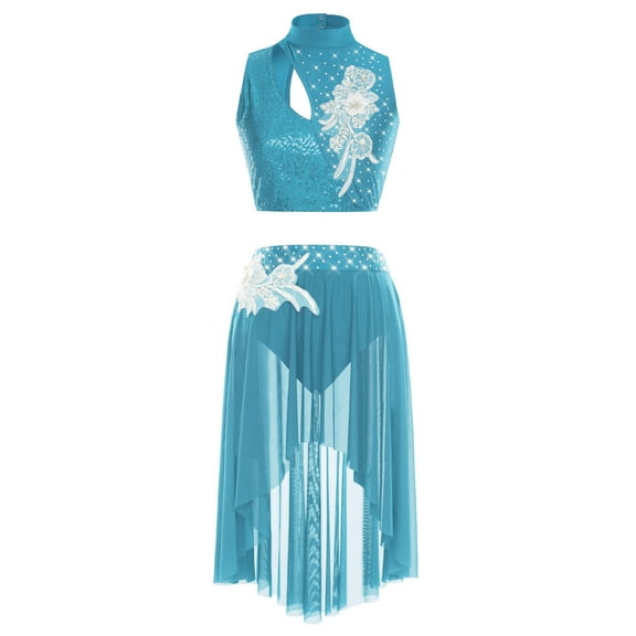 iiniim Lyrical Dance for Women Sequin Crop Top Mesh Tulle Leotard Skirt Modern Contemporary Dancewear Light Blue L