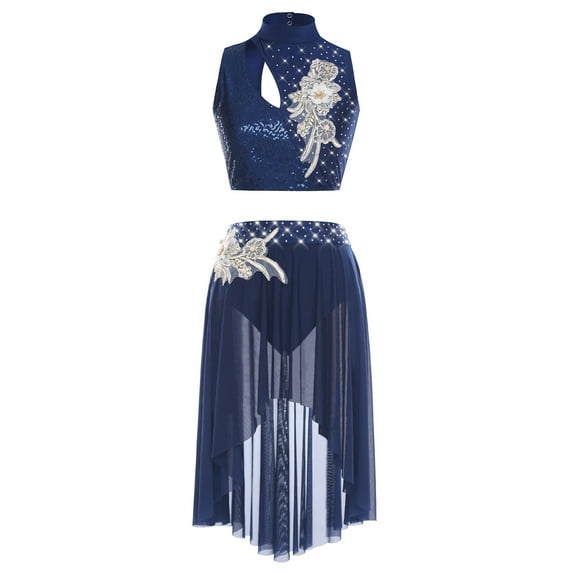 iiniim Lyrical Dance for Women Sequin Crop Top Mesh Tulle Leotard Skirt Modern Contemporary Dancewear Navy Blue L