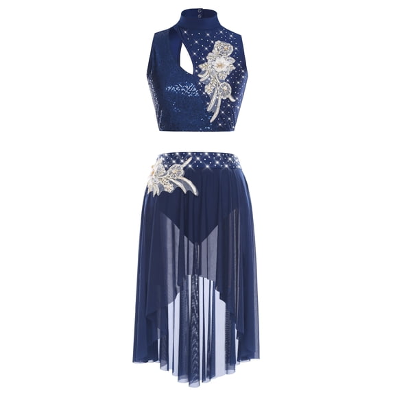 iiniim Lyrical Dance for Women Sequin Crop Top Mesh Tulle Leotard Skirt Modern Contemporary Dancewear Navy Blue S