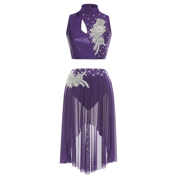 iiniim Lyrical Dance for Women Sequin Crop Top Mesh Tulle Leotard Skirt Modern Contemporary Dancewear Purple M