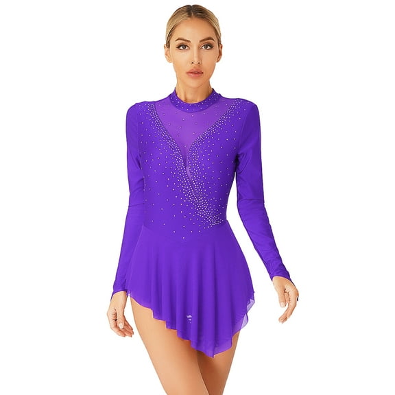 iiniim Lyrical Figure Skating Dresses for Women Rhinestone Dance Leotards Ballet Dancewear Purple XXL