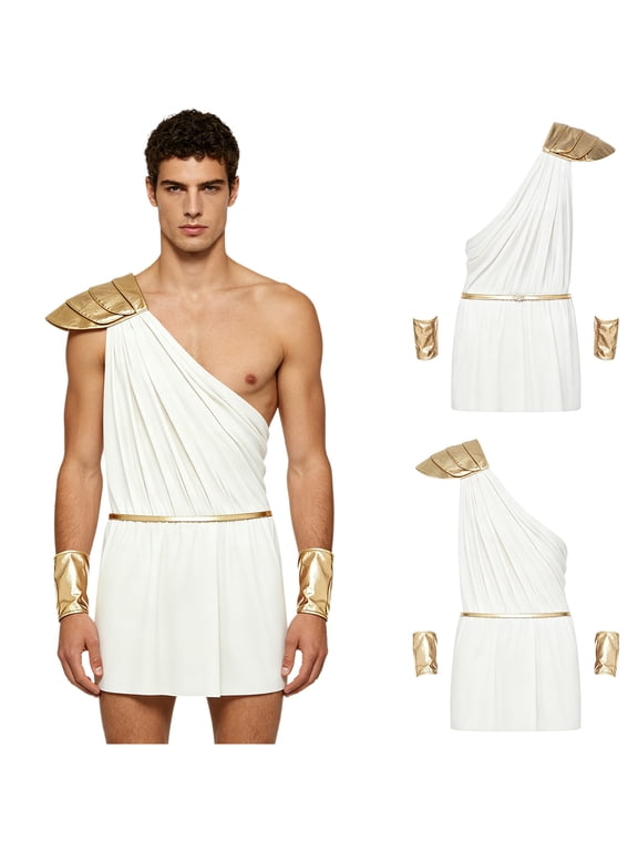 Men Ancient Greek Cosplay One Shoulder Stage Performance Skirted Leotard Romper Outfits Party White S