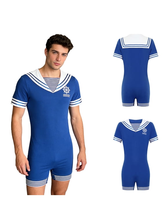 Men Buttoned Crotch Jumpsuit Shirt Bodysuit One Piece Pajamas Sailor Collar Nightwear Royal Blue M