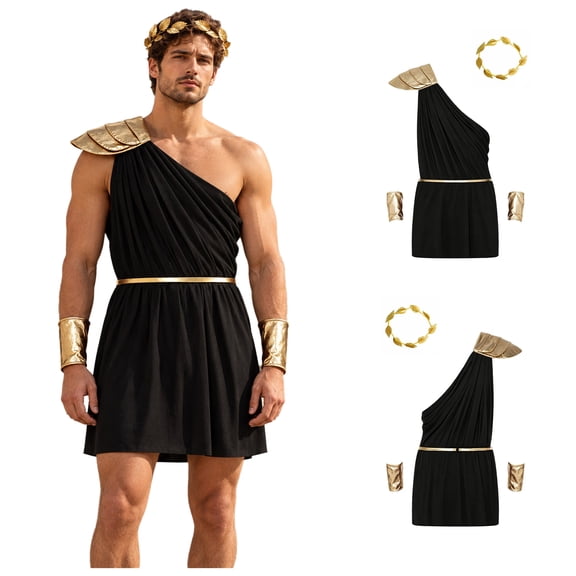 iiniim Men Greek One Shoulder Tiered Epaulet Elastic Waistband Mythology Toga Jumpsuit with Detachable Belt Cuffs and Leaf Wreath Black L