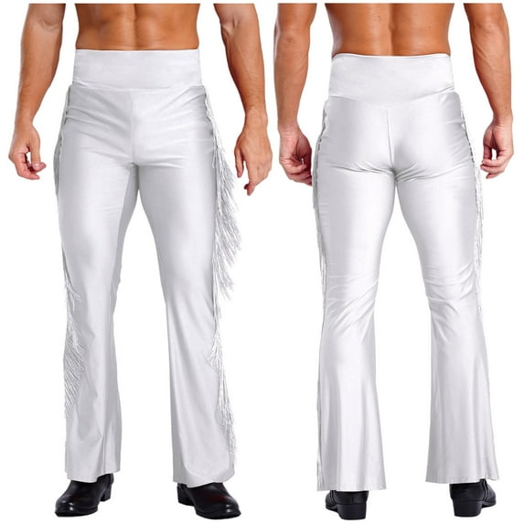 iiniim Men High Waist Fringe Flared Pants Ballroom Dance Pants Modern Dance Pants Disco Trousers White M