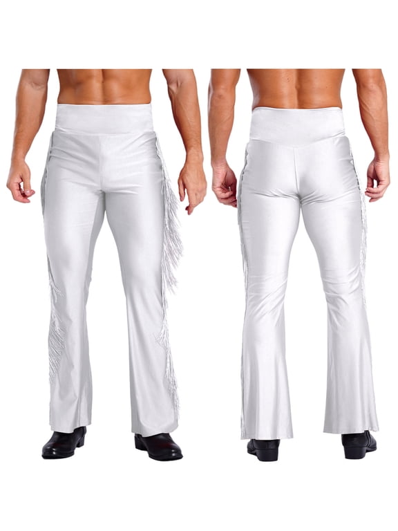 Men High Waist Fringe Flared Pants Ballroom Dance Pants Modern Dance Pants Disco Trousers White M