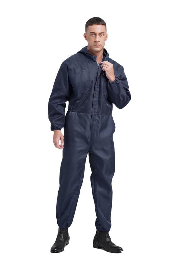 Men Long Sleeve Hooded Dustproof Mechanic Uniform Workshop Auto Workwear Work Jumpsuit Coverall A Navy Blue XL/175