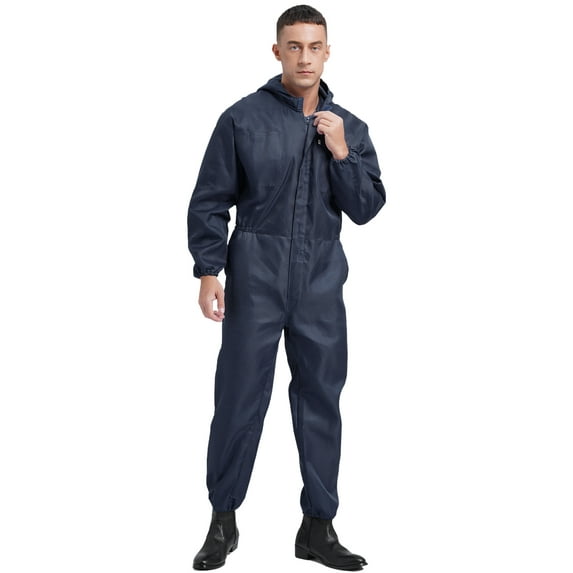 iiniim Men Long Sleeve Hooded Dustproof Mechanic Uniform Workshop Auto Workwear Work Jumpsuit Coverall A Navy Blue XXL/180