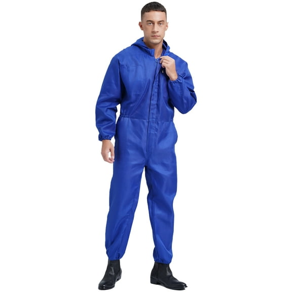 iiniim Men Long Sleeve Hooded Dustproof Mechanic Uniform Workshop Auto Workwear Work Jumpsuit Coverall Blue 3XL/185