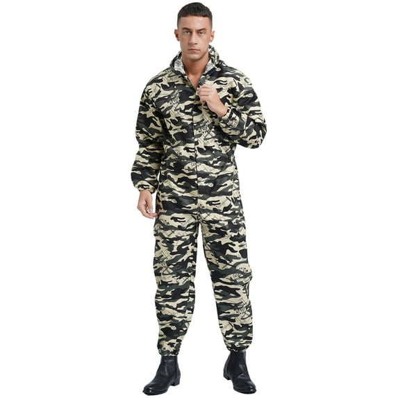 iiniim Men Long Sleeve Hooded Dustproof Mechanic Uniform Workshop Auto Workwear Work Jumpsuit Coverall Camouflage XL/175