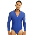 thumbnail image 1 of iiniim Men Long Sleeve V-neck Press Button Crotch Ballroom Latin Tango Rumba Bodysuit Dance Shirt Royal_Blue X-Large, 1 of 7