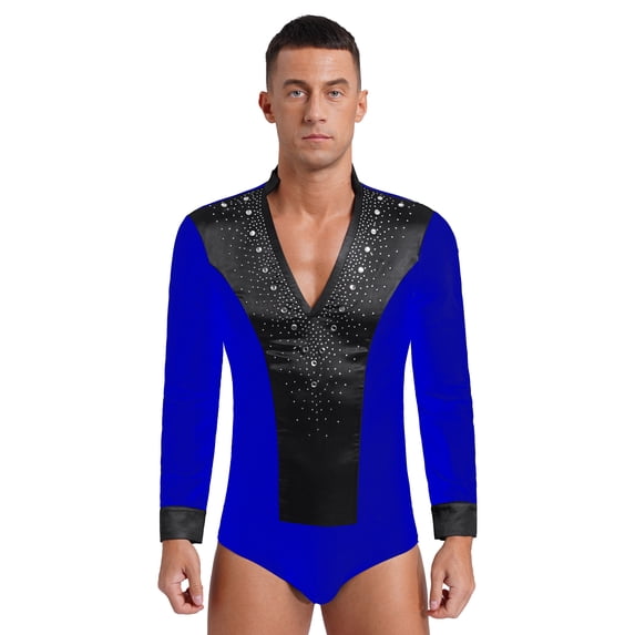 iiniim Men Long Sleeves Rhinestone Latin Ballroom Dance Shirts Suit Samba Bodysuit Leotard Blue L