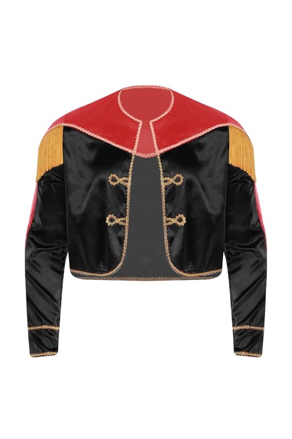 Men Matador Cosplay Coat Long Sleeve Open Front Gold Braid Trim Color Block Tassels Satin Cropped Jacket Black XL