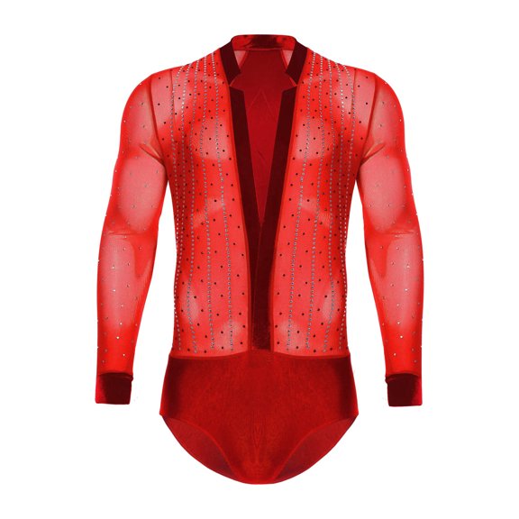iiniim Men One-Piece Sheer Mesh Long Sleeve Latin Dance Shirt Ballroom Dance Leotard Unitard Ballet Dancewear Red XXL