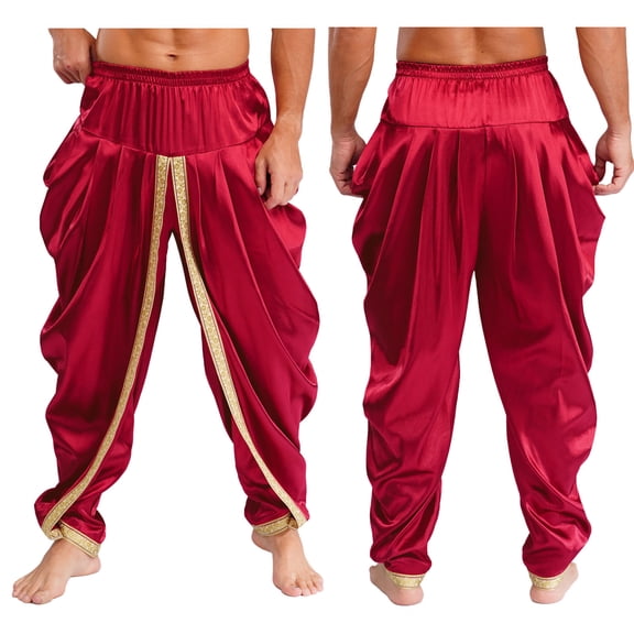 iiniim Men Prince Baggy Pants Satin Trousers Fairy Tale Halloween Theme Party Burgundy XXL