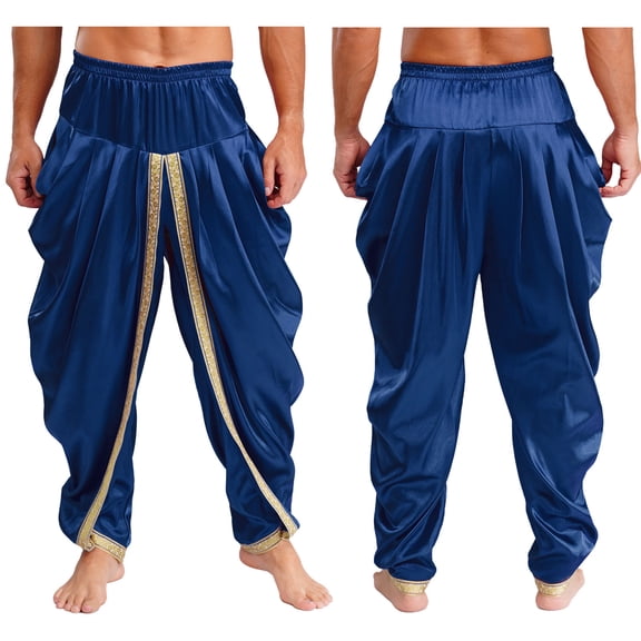 iiniim Men Prince Baggy Pants Satin Trousers Fairy Tale Halloween Theme Party Navy Blue S