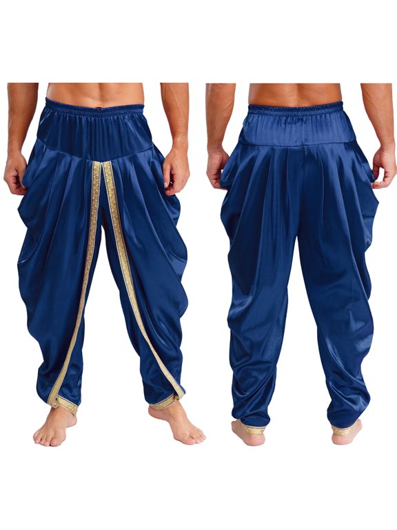 Men Prince Baggy Pants Satin Trousers Fairy Tale Halloween Theme Party Navy Blue S