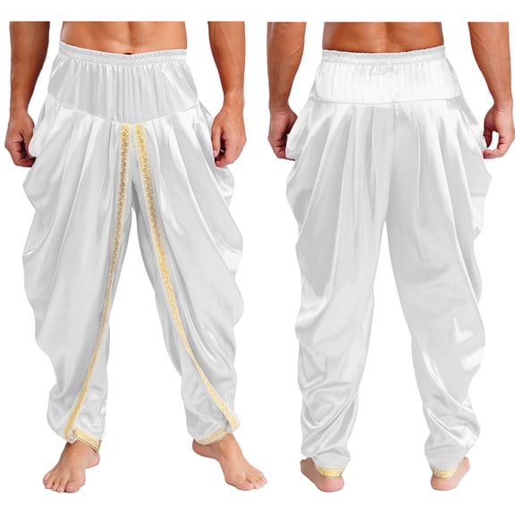 iiniim Men Prince Baggy Pants Satin Trousers Fairy Tale Halloween Theme Party White XXL