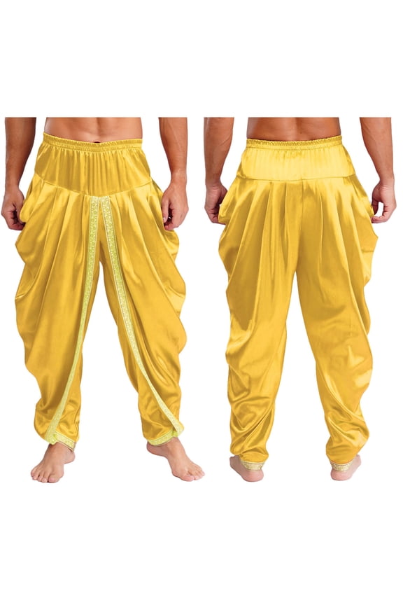 Men Prince Baggy Pants Satin Trousers Fairy Tale Halloween Theme Party Yellow S