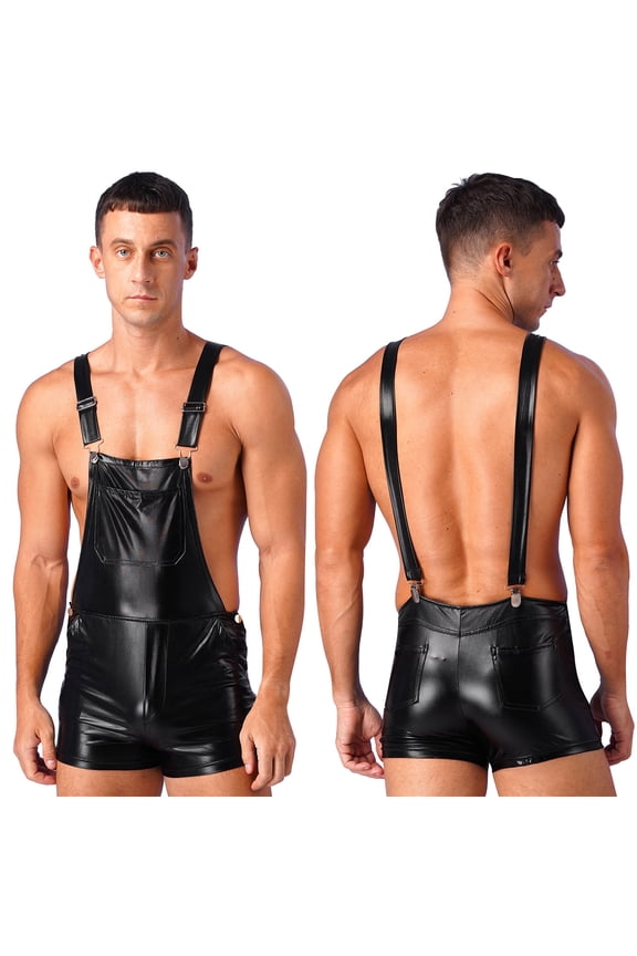 Men Shiny Metallic Ripped Jeans Jumpsuits Bib Overalls Dungarees Suspender Hot Pants Size S-3XL Black M