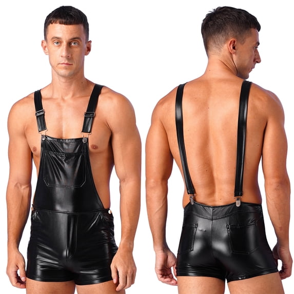 iiniim Men Shiny Metallic Ripped Jeans Jumpsuits Bib Overalls Dungarees Suspender Hot Pants Size S-3XL Black S