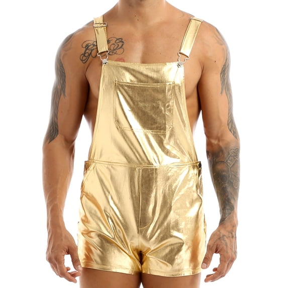 iiniim Men Shiny Metallic Ripped Jeans Jumpsuits Bib Overalls Dungarees Suspender Hot Pants Size S-3XL Gold M