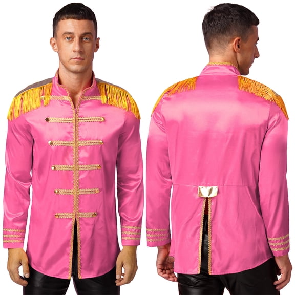 iiniim Men Steampunk Vintage Medieval Tailcoat Jacket Coat Long Sleeve SGT Pepper Jacket Uniform Size S-3XL Hot Pink M