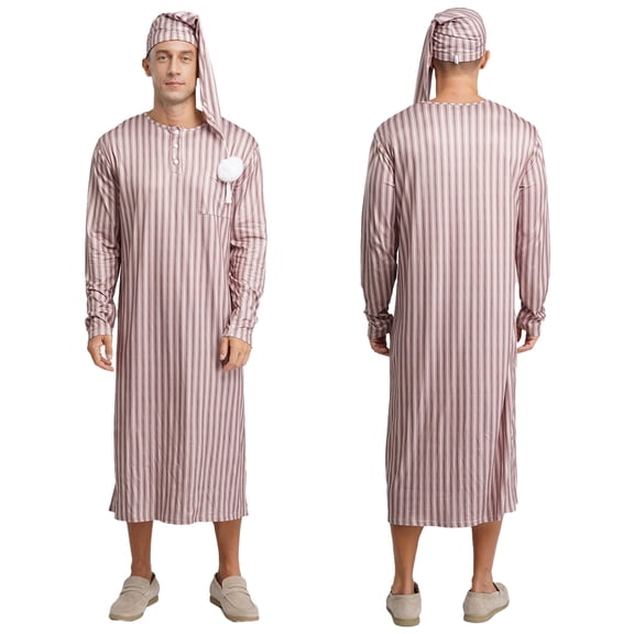iiniim Men's 2Pcs Pajamas Set Long Sleeve Striped Kaftan Sleepwear Night Shirt with Sleeping Cap Coffee L