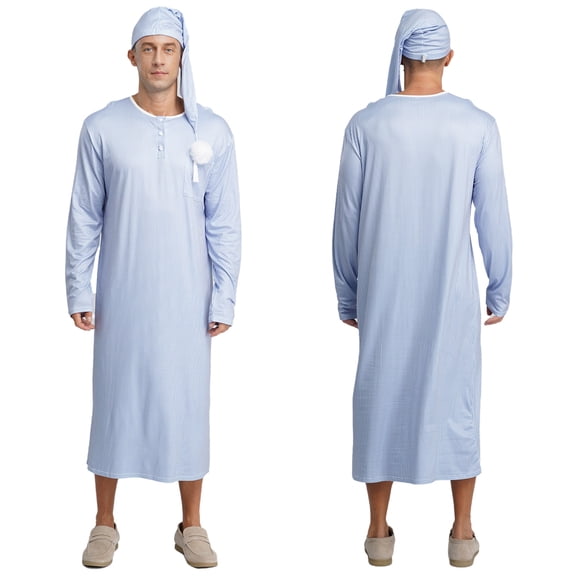 iiniim Men's 2Pcs Pajamas Set Long Sleeve Striped Kaftan Sleepwear Night Shirt with Sleeping Cap Type A L