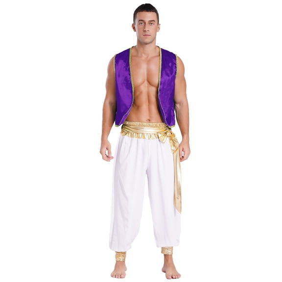 iiniim Men's Adult Arabian Prince Costume Halloween Persian Ara Genius Cosplay Vest Harem Pants Outfit A Dark Purple&White XXL