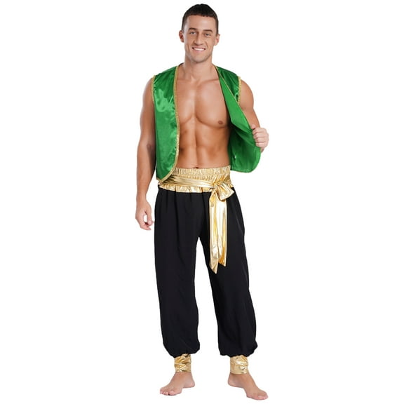 iiniim Men's Adult Arabian Prince Costume Halloween Persian Ara Genius Cosplay Vest Harem Pants Outfit Green&Black XXL
